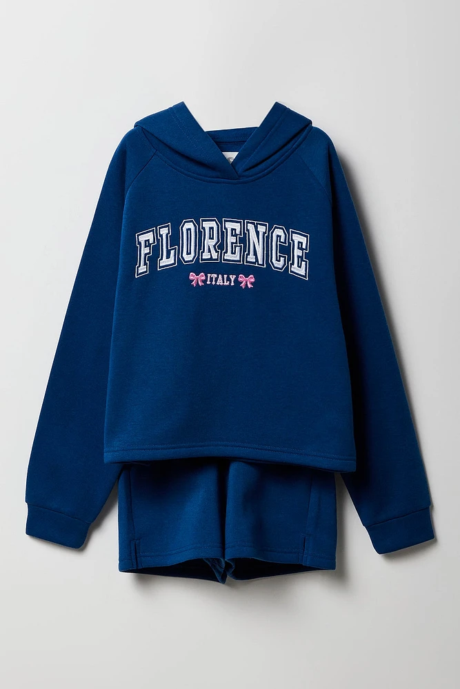 Girls Embroidered Fleece Hoodie & Short 2 Piece Set