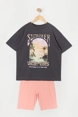 Girls Summer Vacay Vibes Graphic T-Shirt and Biker Short 2-Piece Set