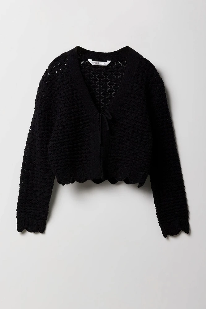 Girls Open Knit Front Tie Cardigan