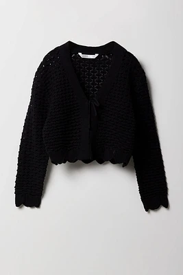 Girls Open Knit Front Tie Cardigan