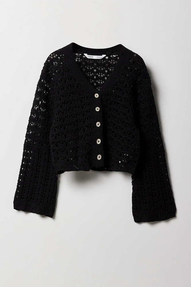 Girls Open Knit Button-Up Cardigan