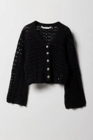 Girls Open Knit Button-Up Cardigan