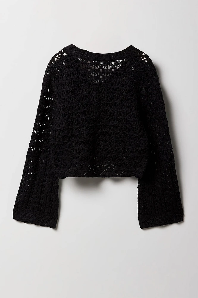 Girls Open Knit Button-Up Cardigan