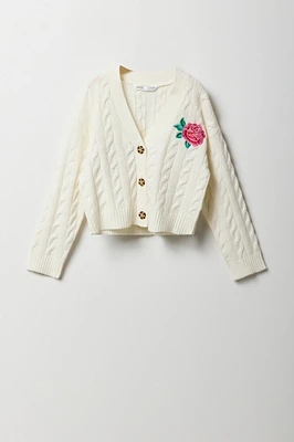 Girls Embroidered Cable Knit Cardigan