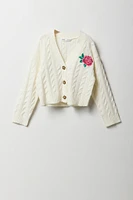 Girls Embroidered Cable Knit Cardigan