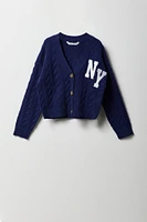Cardigan en tricot torsadé avec motif brodé pour fille
