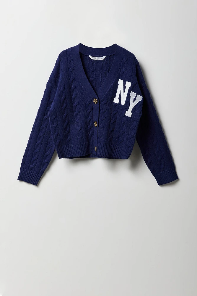 Girls Embroidered Cable Knit Cardigan
