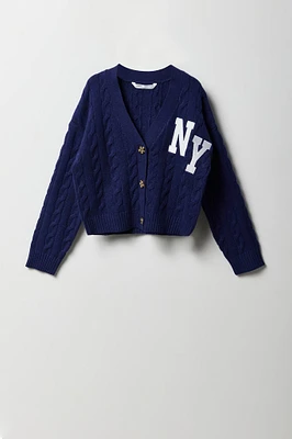 Girls Embroidered Cable Knit Cardigan