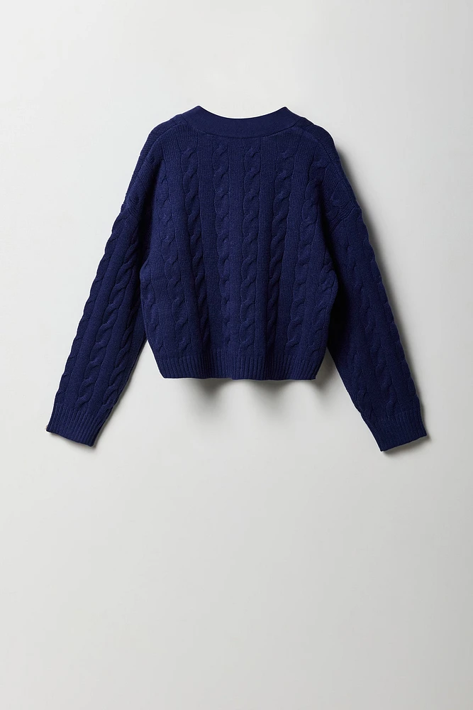 Cardigan en tricot torsadé avec motif brodé pour fille