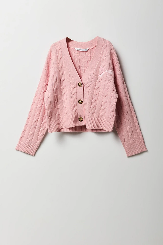 Cardigan en tricot torsadé avec motif brodé pour fille
