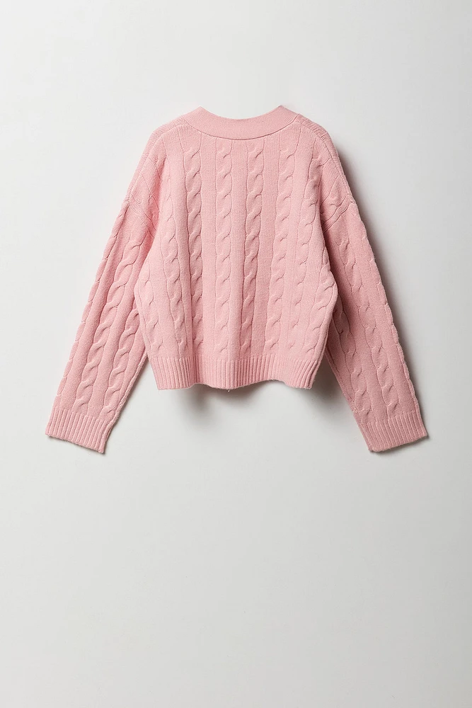 Cardigan en tricot torsadé avec motif brodé pour fille