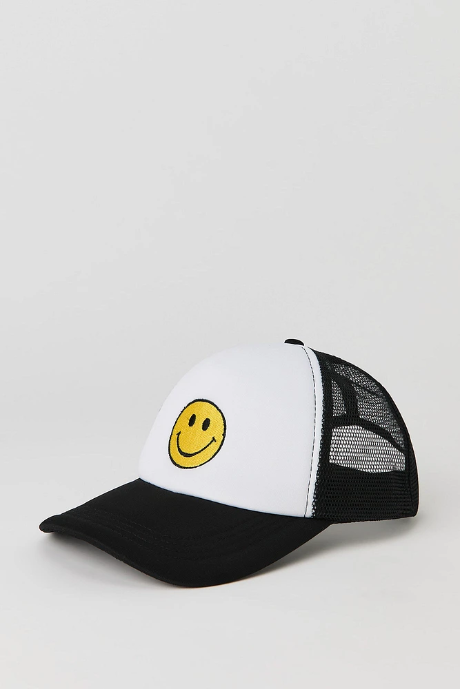 Girls Smiley Face Embroidered Trucker Hat