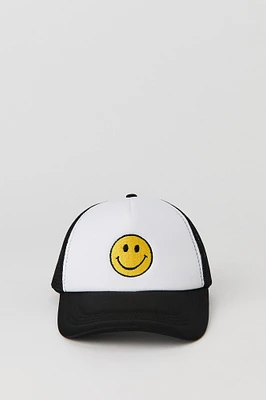 Girls Smiley Face Embroidered Trucker Hat