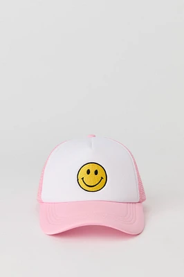 Girls Smiley Face Embroidered Trucker Hat