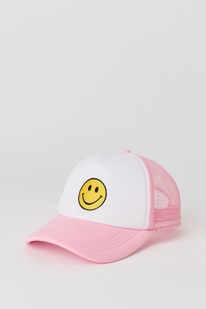 Girls Smiley Face Embroidered Trucker Hat