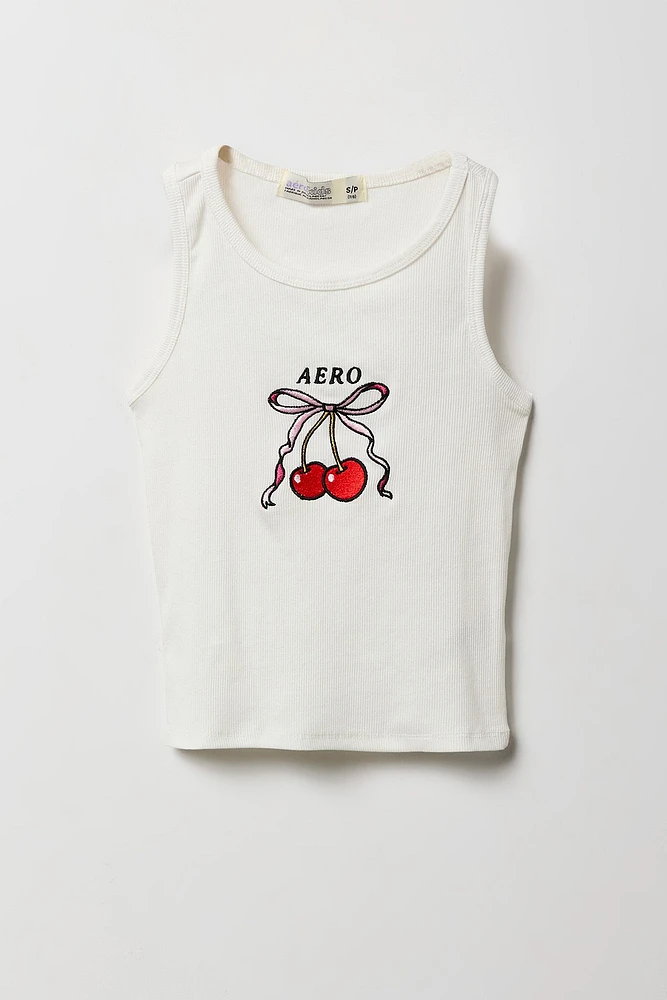 Girls Aero Cherry Bow Embroidered Ribbed Tank