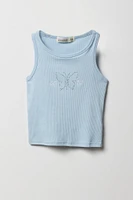 Girls Aero Rhinestone Butterfly Embroidered Ribbed Tank