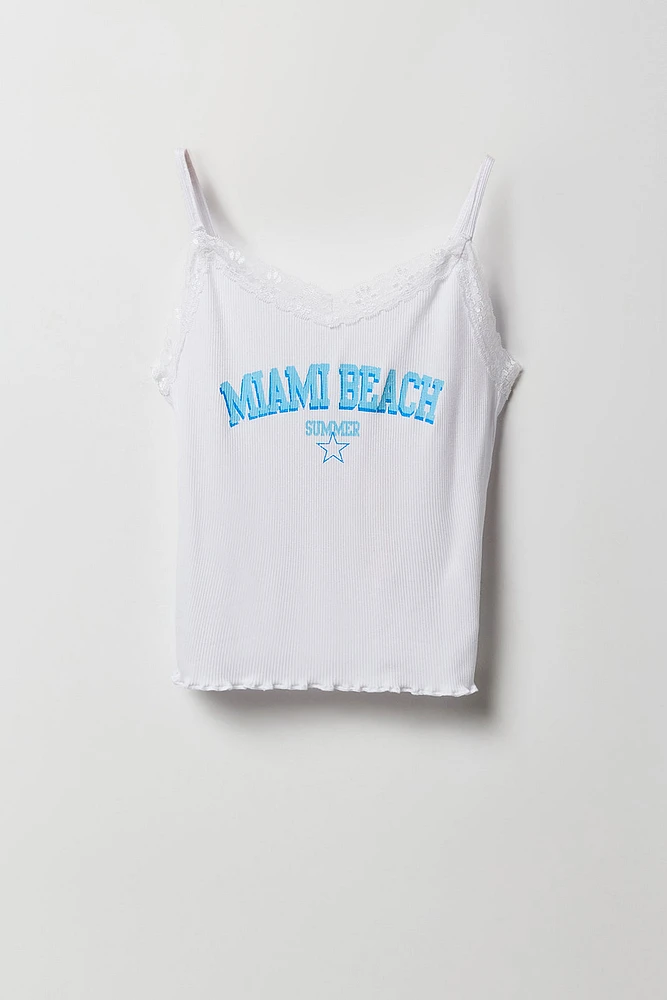 Camisole côtlée à imprimé Destination avec liséré de dentelle pour fille