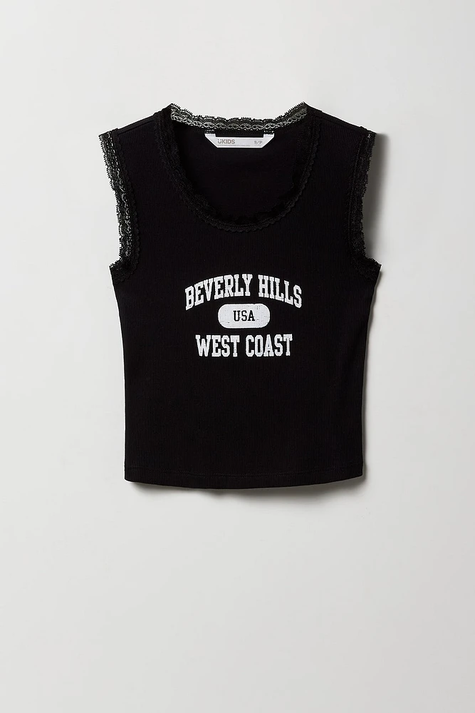 Girls City Graphic Ribbed Lace Trim Tank