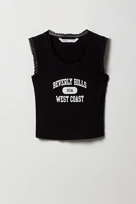 Girls City Graphic Ribbed Lace Trim Tank