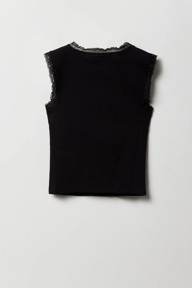 Girls City Graphic Ribbed Lace Trim Tank