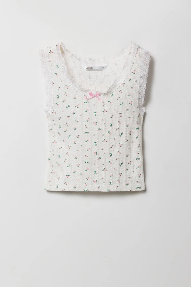 Girls Ditsy Print Pointelle Lace Tank