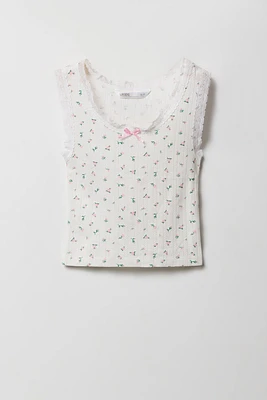 Girls Ditsy Print Pointelle Lace Tank