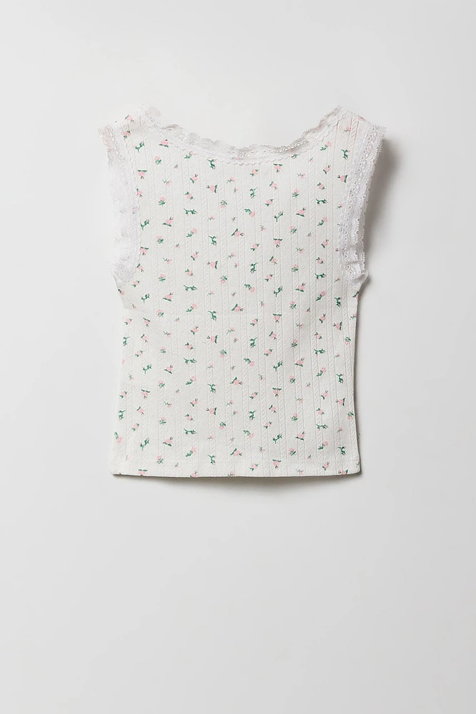 Girls Ditsy Print Pointelle Lace Tank