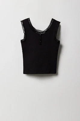 Girls Ribbed Lace Henley Tank