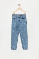 Girls Daisy Embroidered High Rise Mom Jean