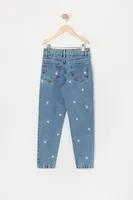 Girls Daisy Embroidered High Rise Mom Jean