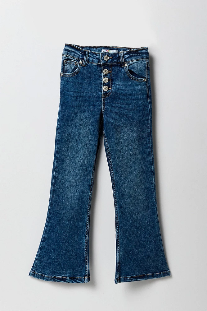 Jean à jambe évasée taille haute avec patte de boutonnage multiple pour fille