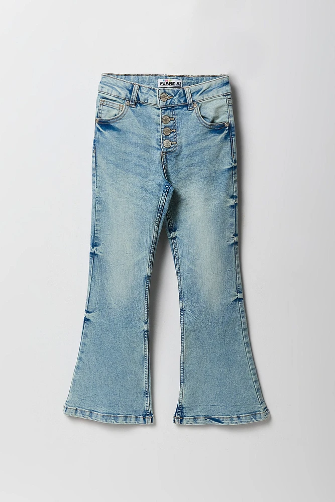 Jean à jambe évasée taille haute avec patte de boutonnage multiple pour fille