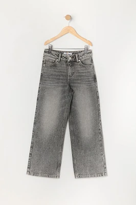 Girls Grey Wash High Rise Wide Leg Jean