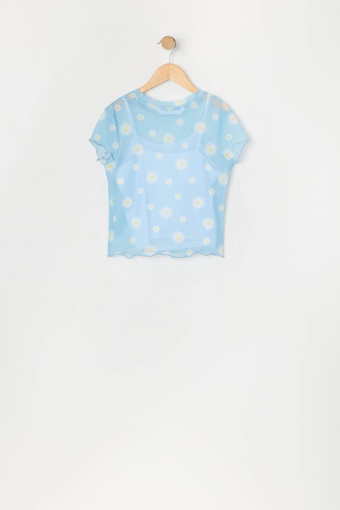 Ensemble deux piÃ¨ces t-shirt et camisole en filet imprimÃ© pour filles