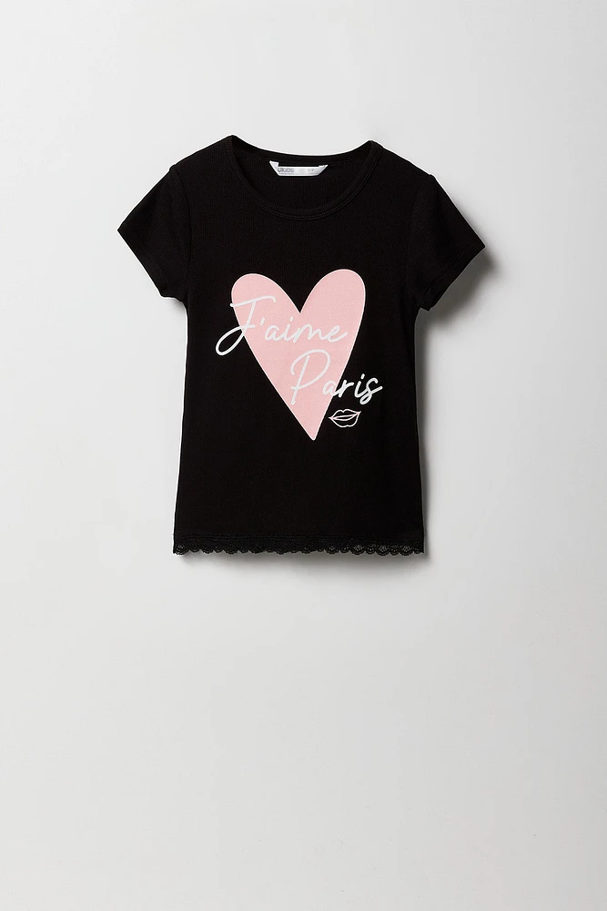 Girls Graphic Ribbed Lace Trim T-Shirt