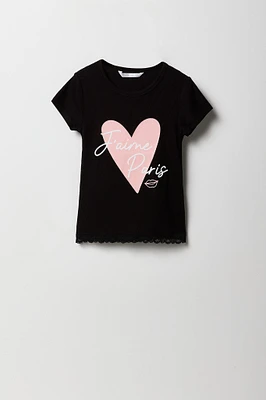 Girls Graphic Ribbed Lace Trim T-Shirt