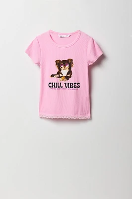 T-shirt côtelé à imprimé avec liséré de dentelle pour fille