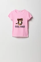T-shirt côtelé à imprimé avec liséré de dentelle pour fille