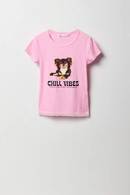 Girls Graphic Ribbed Lace Trim T-Shirt