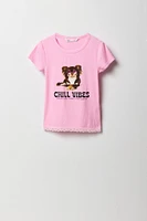 Girls Graphic Ribbed Lace Trim T-Shirt