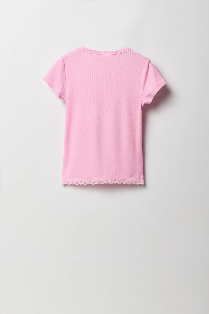 T-shirt côtelé à imprimé avec liséré de dentelle pour fille