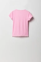 T-shirt côtelé à imprimé avec liséré de dentelle pour fille
