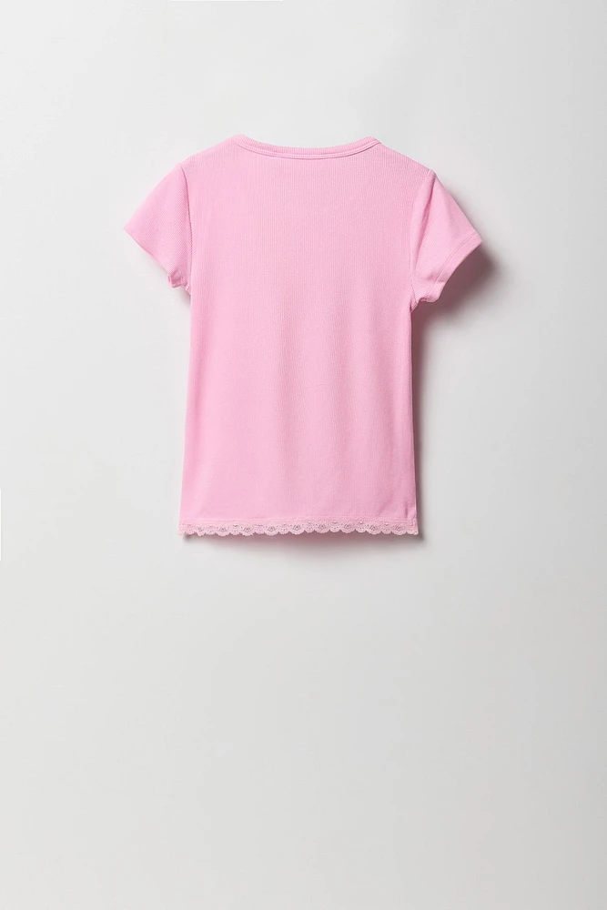 Girls Graphic Ribbed Lace Trim T-Shirt