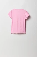 Girls Graphic Ribbed Lace Trim T-Shirt