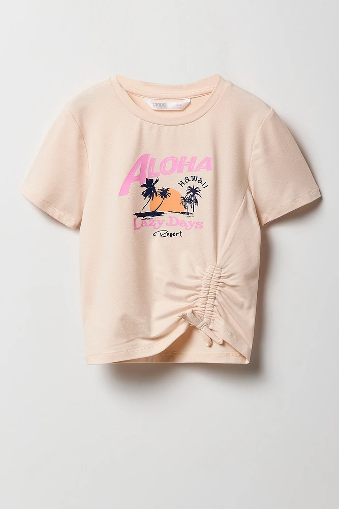 Girls Summer Graphic Side Drawstring T-Shirt