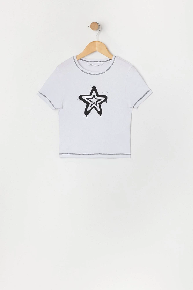 T-shirt avec motif brodÃ© et surpiqÃ»res contrastantes pour fille