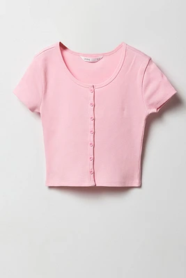 Girls Ribbed Button Front T-Shirt