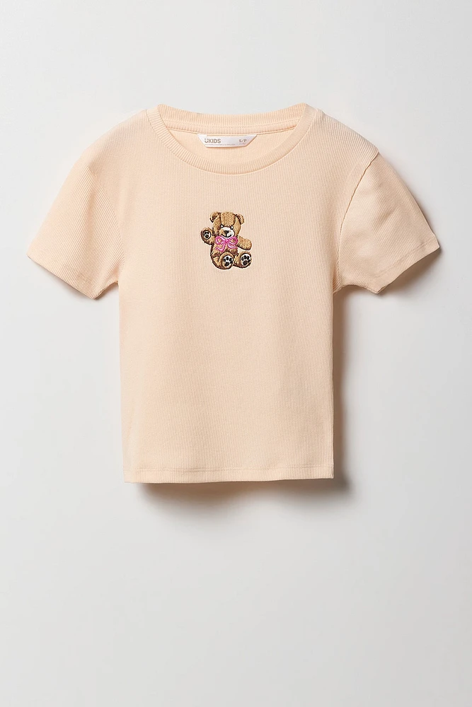 T-shirt ultracourt côtelé avec motif brodé pour fille