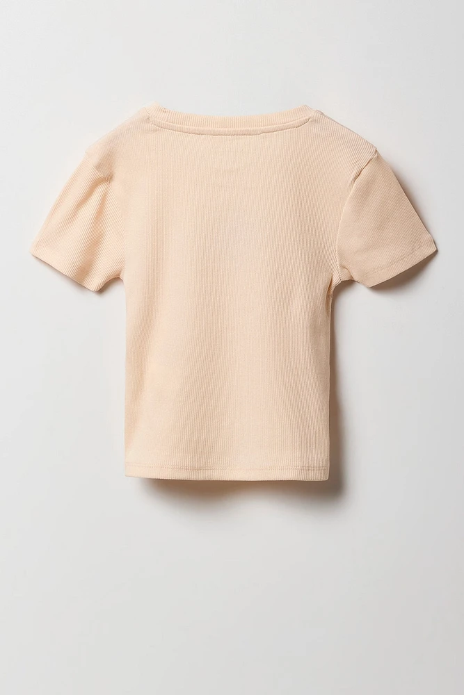 T-shirt ultracourt côtelé avec motif brodé pour fille